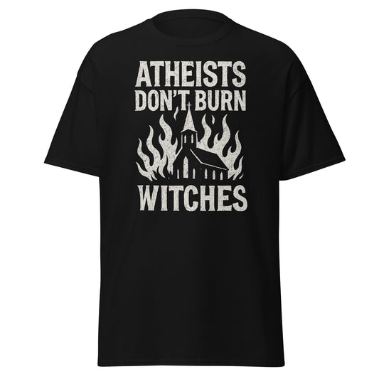 Black t-shirt with white text and graphic design on a white background