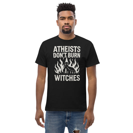 Man wearing a black t-shirt with text and graphic design on a white background