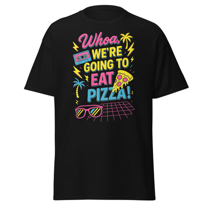 Black t-shirt with colorful graphic design on a white background