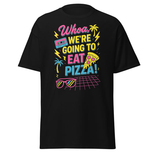 Black t-shirt with colorful graphic design on a white background
