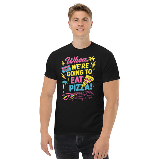 Person wearing a black t-shirt with colorful text design on a white background