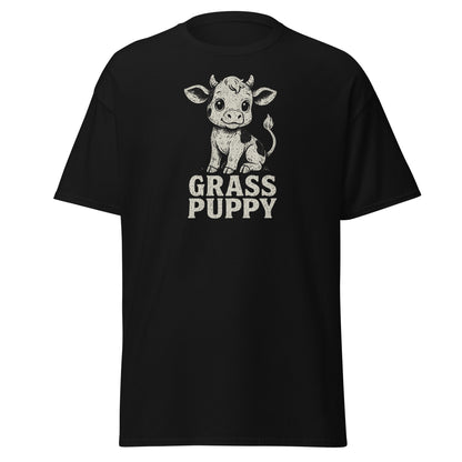 Black t-shirt with a cow graphic and 'Grass Puppy' text on a white background