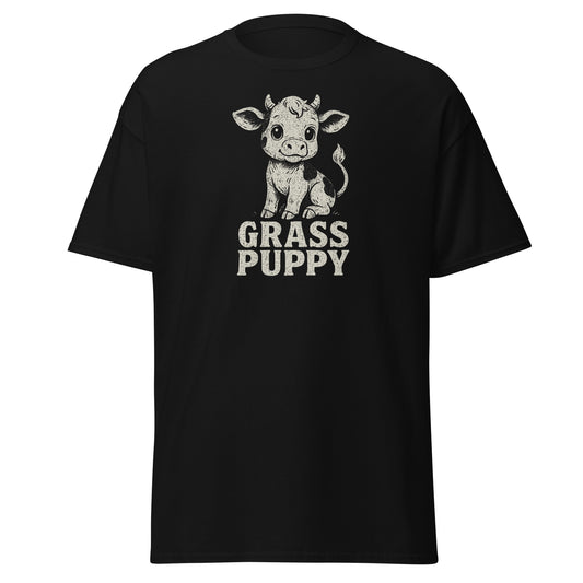 Black t-shirt with a cow graphic and 'Grass Puppy' text on a white background