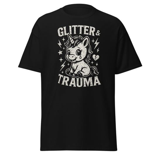 Black t-shirt with a unicorn graphic and 'Glitter & Trauma' text on a white background