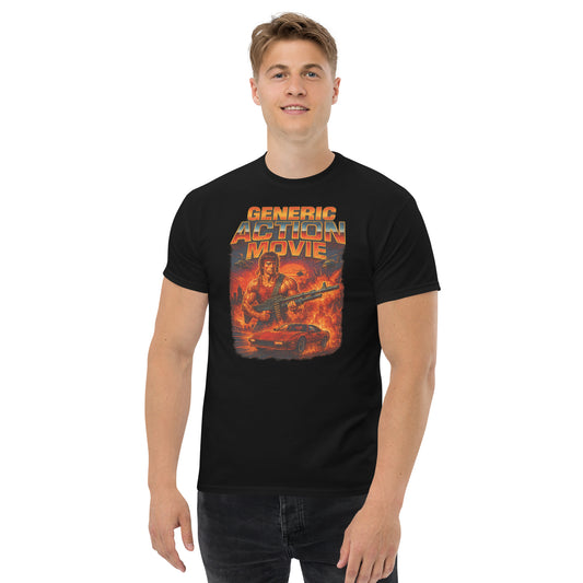 Person wearing a black t-shirt with 'Generic Action Movie' graphic design on a white background