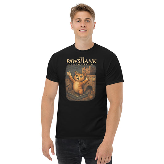 man wearing black shirt with cat in front of a prison and text "the pawshank redemption" on white background