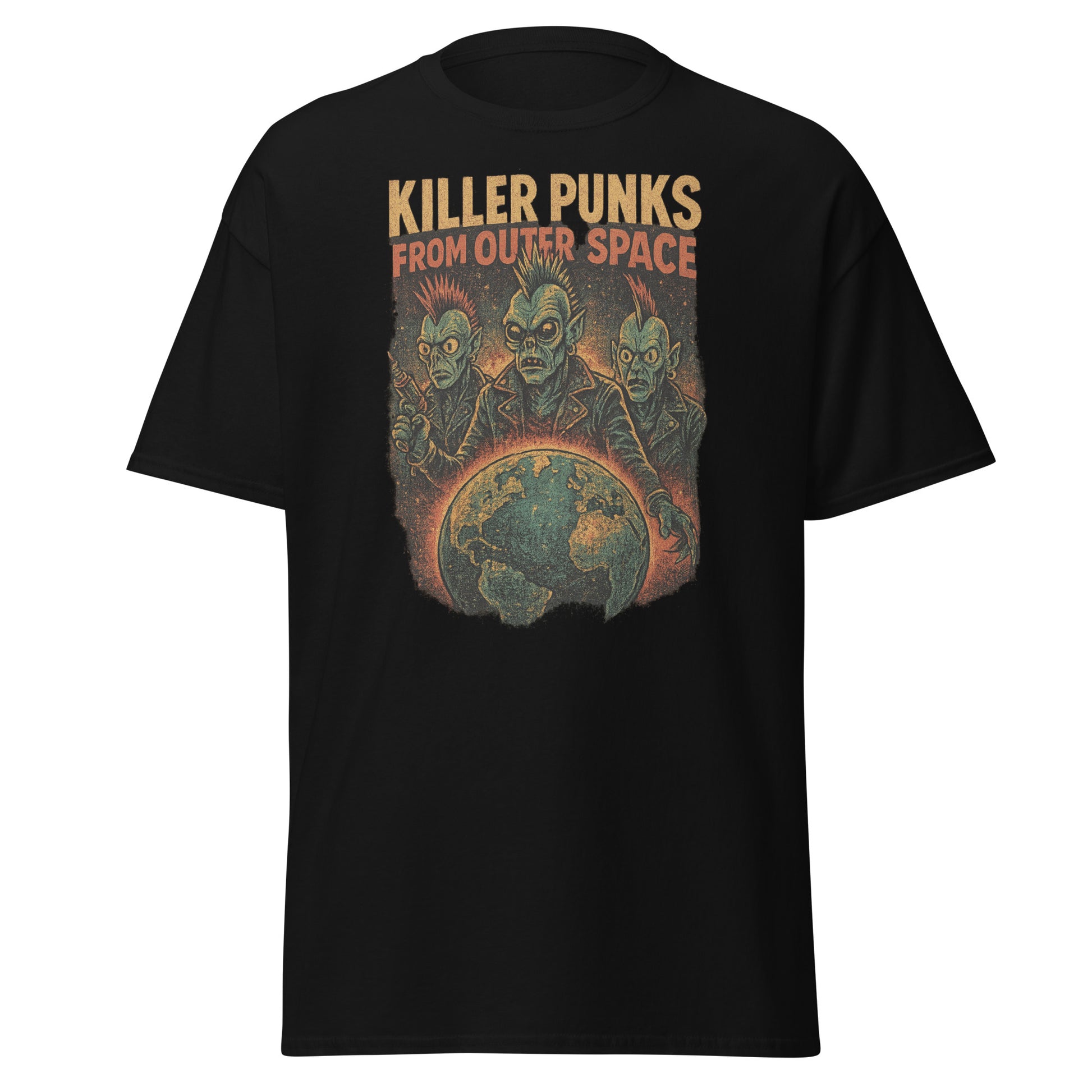 black shirt with alien punks and the earth with the text "Killer punks from outer space" on white background