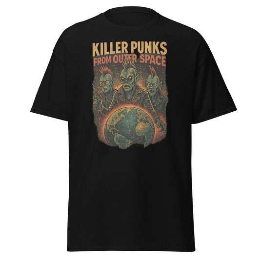 black shirt with alien punks and the earth with the text "Killer punks from outer space" on white background