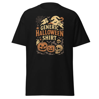 Black t-shirt with Halloween-themed graphic on a white background