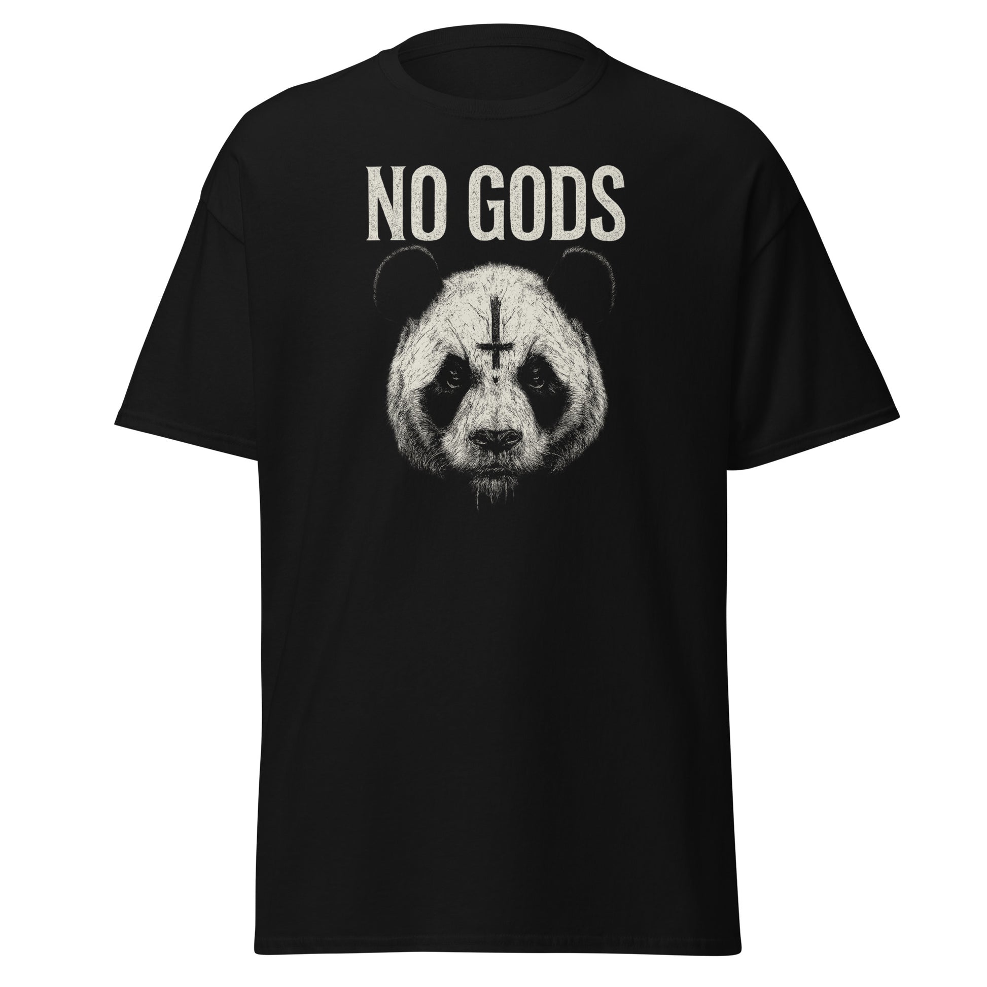 Black t-shirt with a panda graphic and 'NO GODS' text on a white background