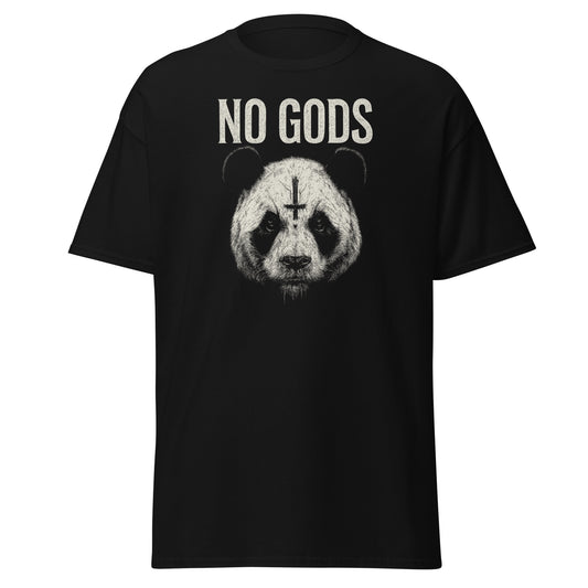 Black t-shirt with a panda graphic and 'NO GODS' text on a white background