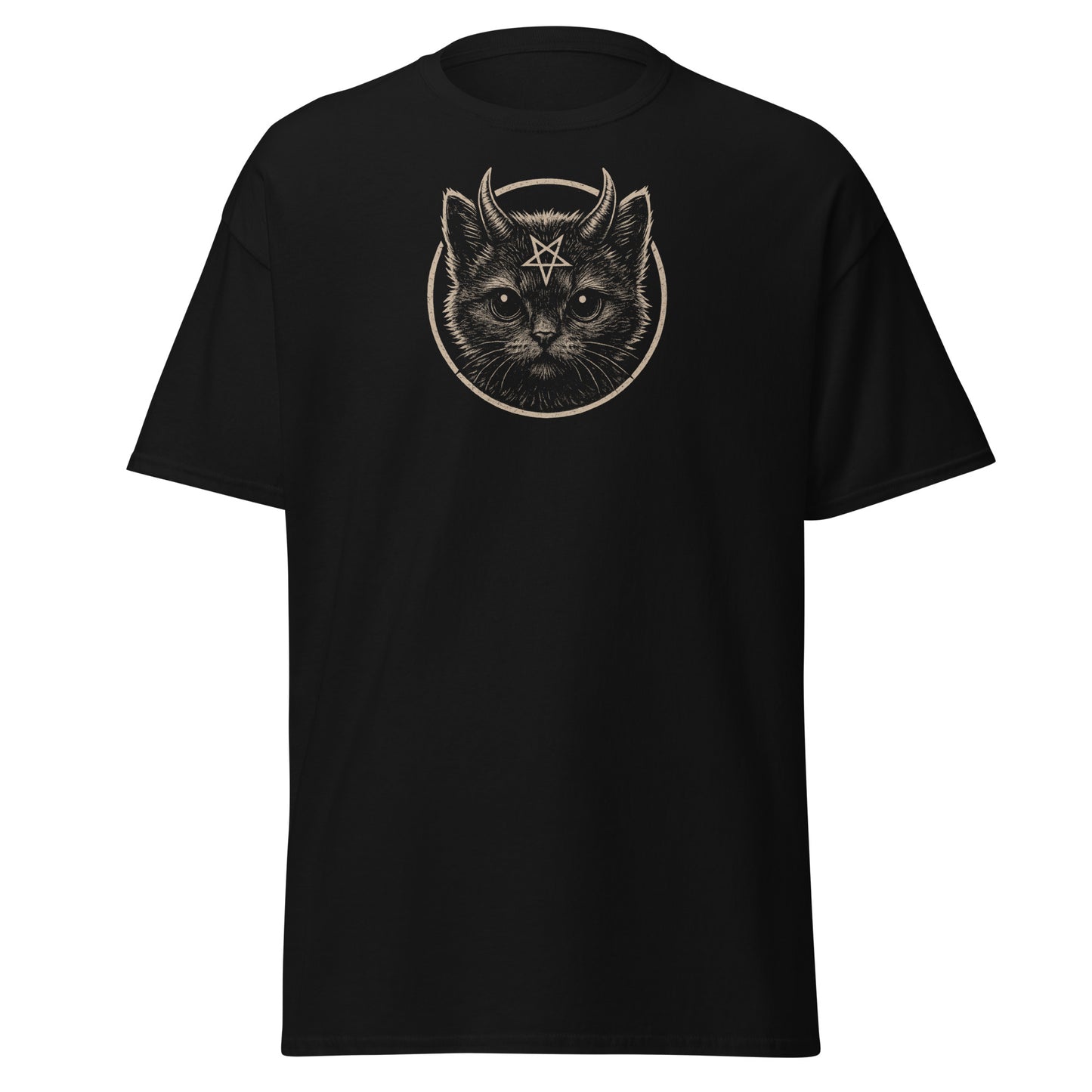 Black t-shirt with a graphic of a cat with horns and a star on a white background