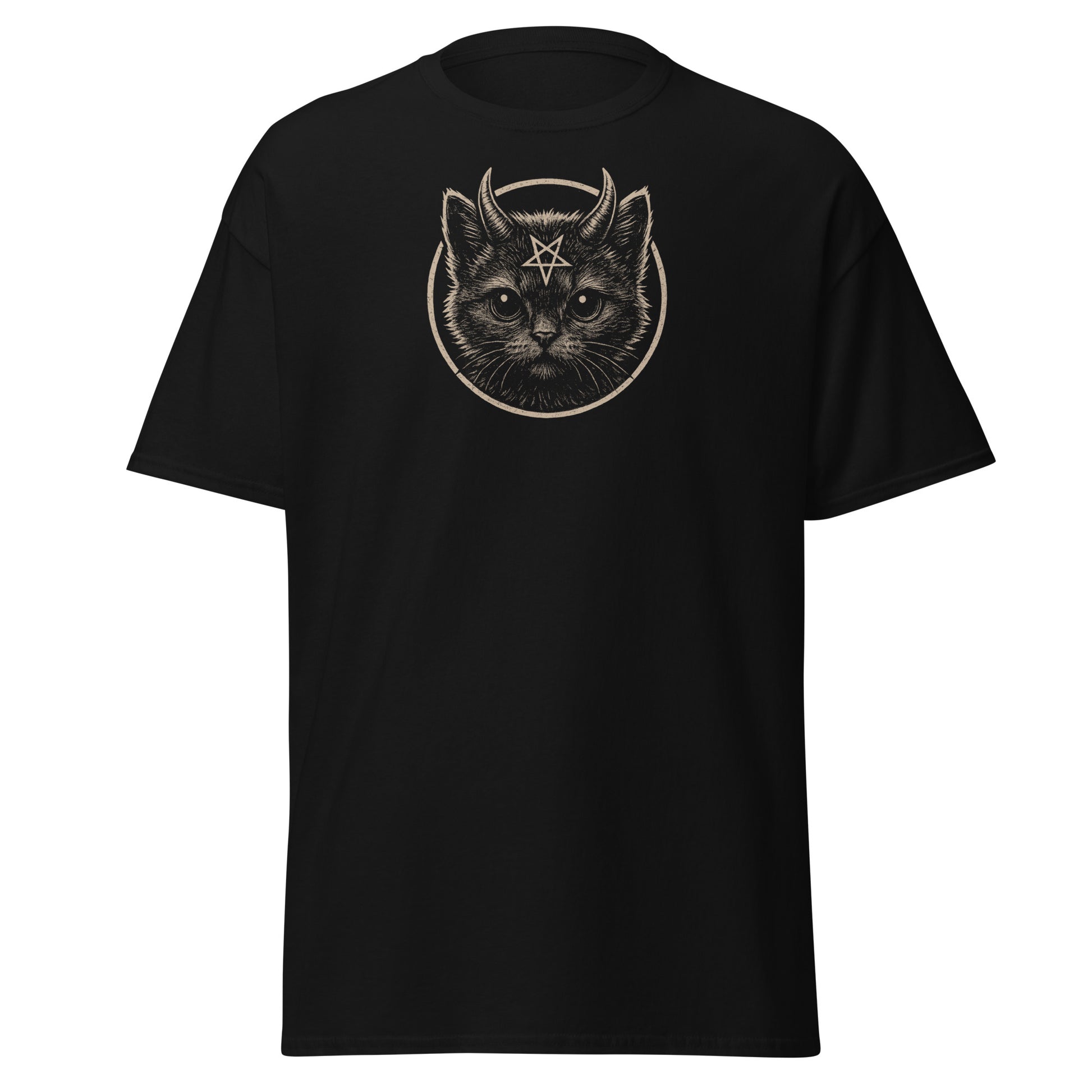 Black t-shirt with a graphic of a cat with horns and a star on a white background