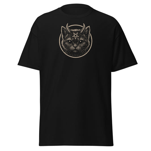 Black t-shirt with a graphic of a cat with horns and a star on a white background