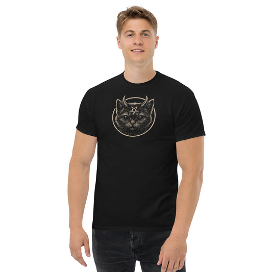 Person wearing a black t-shirt with a cat graphic design on a white background
