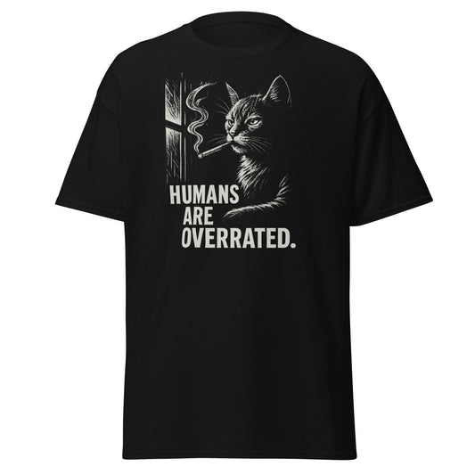 Black t-shirt with a cat graphic and text 'HUMANS ARE OVERRATED' on a white background