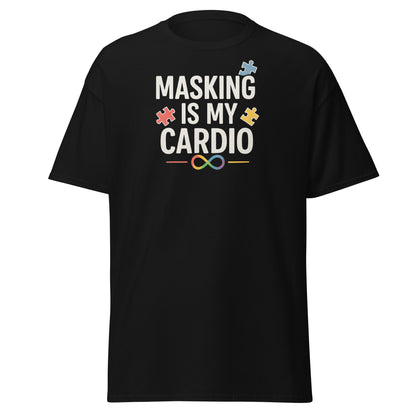 Black t-shirt with 'Masking is my Cardio' text and puzzle piece graphics on a white background