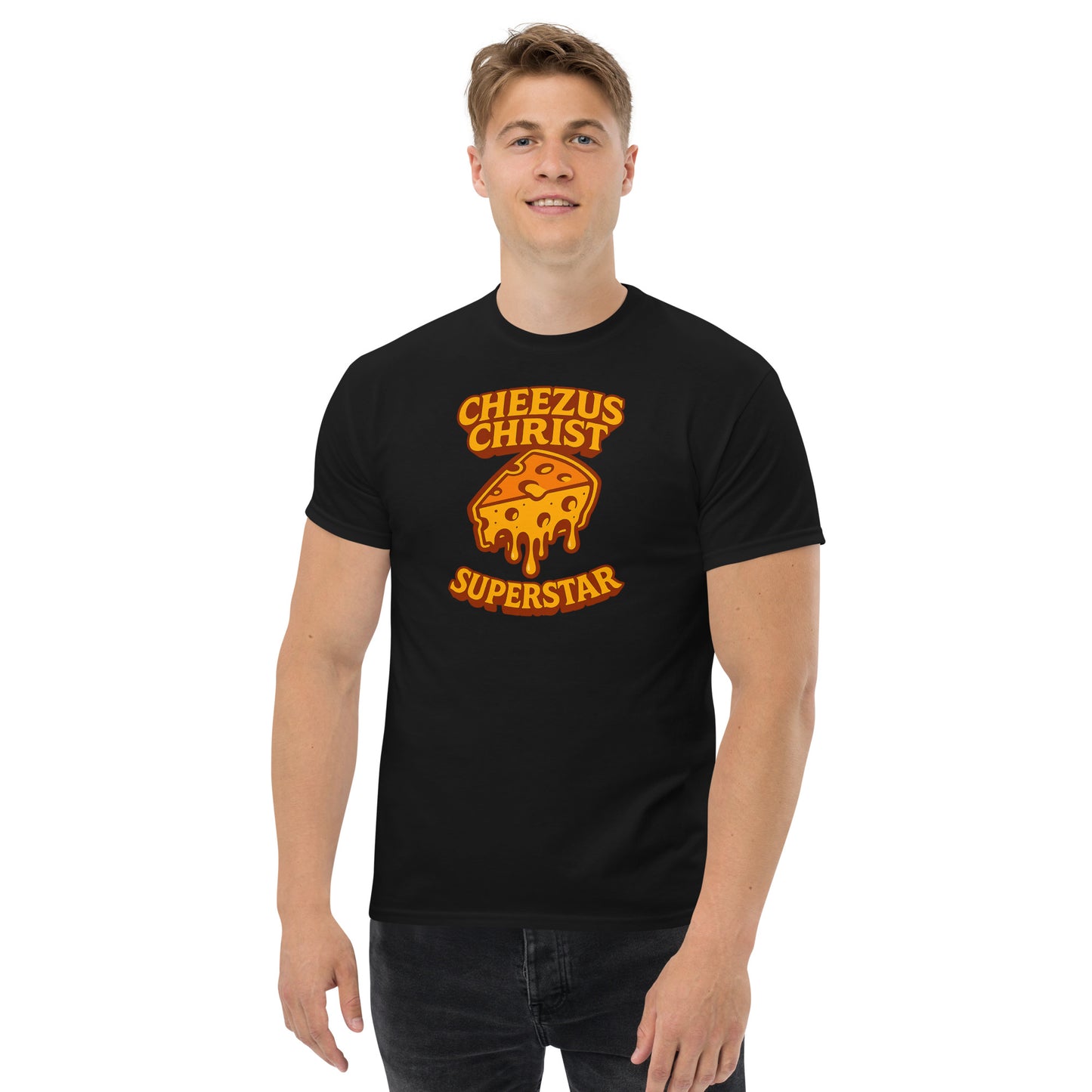 Person wearing a black t-shirt with 'Cheezus Christ Superstar' graphic design on a white background