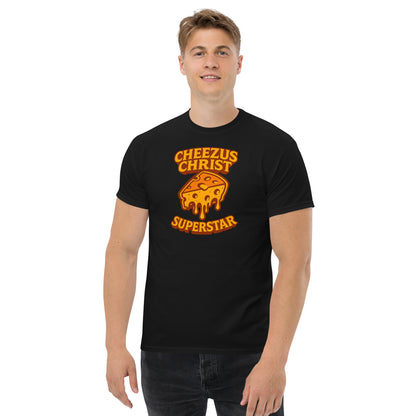 Person wearing a black t-shirt with 'Cheezus Christ Superstar' graphic design on a white background