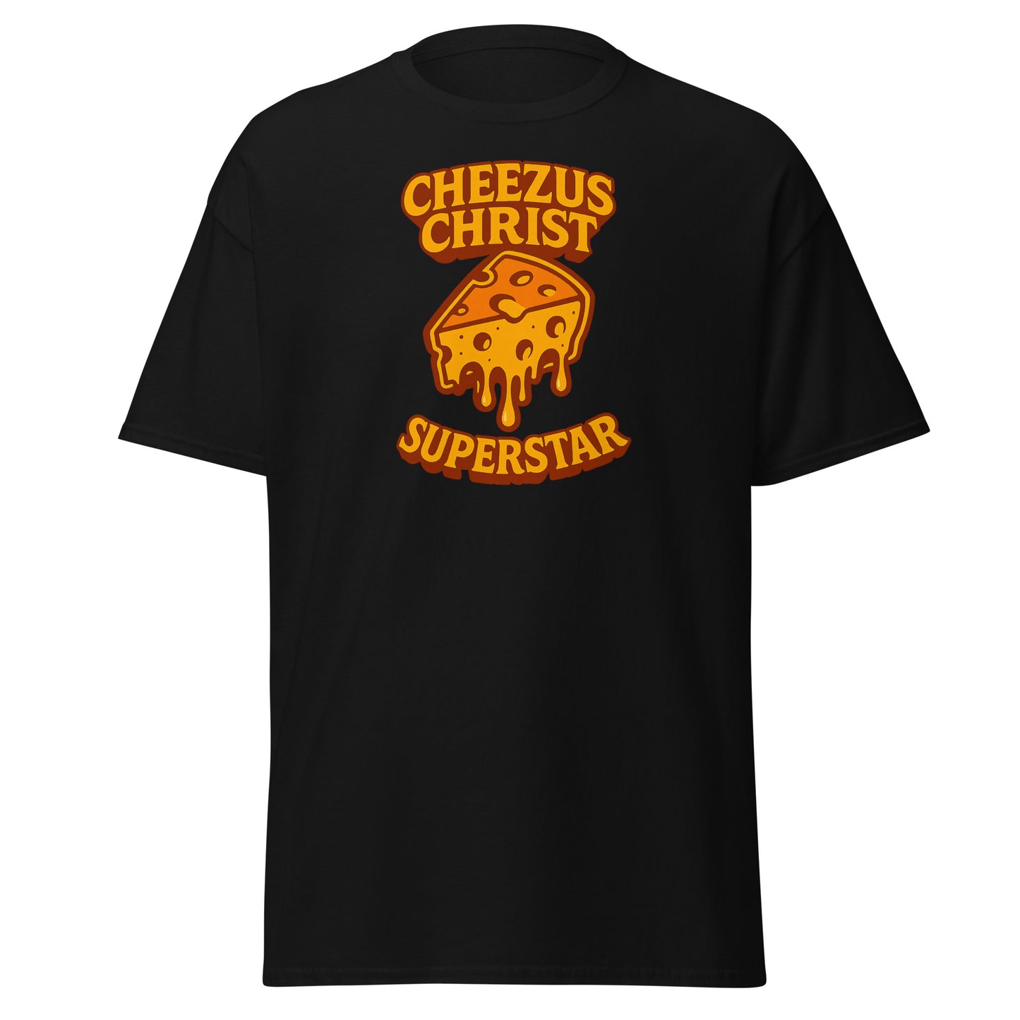 Black t-shirt with orange and yellow graphic and text on a white background