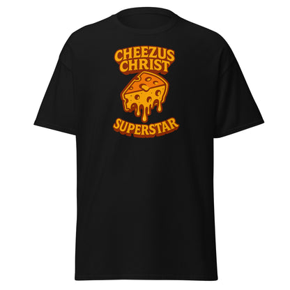 Black t-shirt with orange and yellow graphic and text on a white background