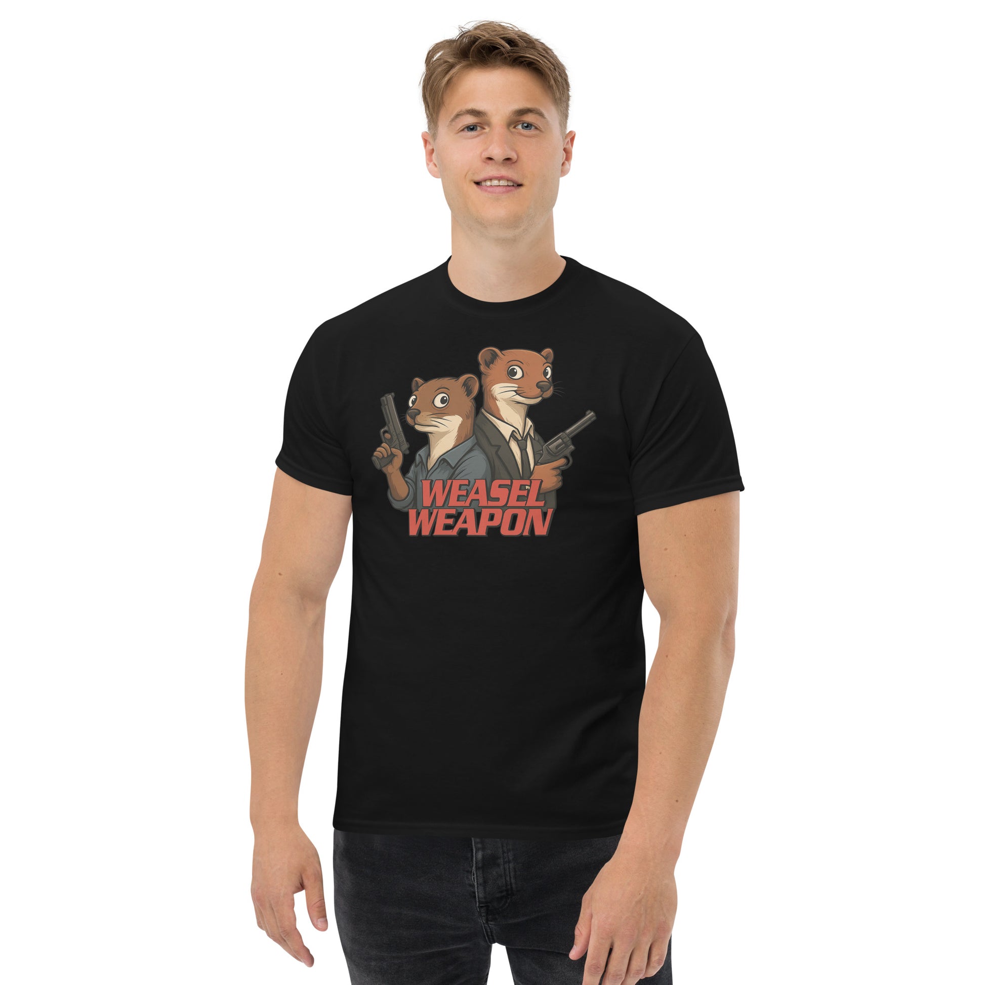 Person wearing a black t-shirt with a graphic of two weasels and the text 'Weasel Weapon' on a white background.