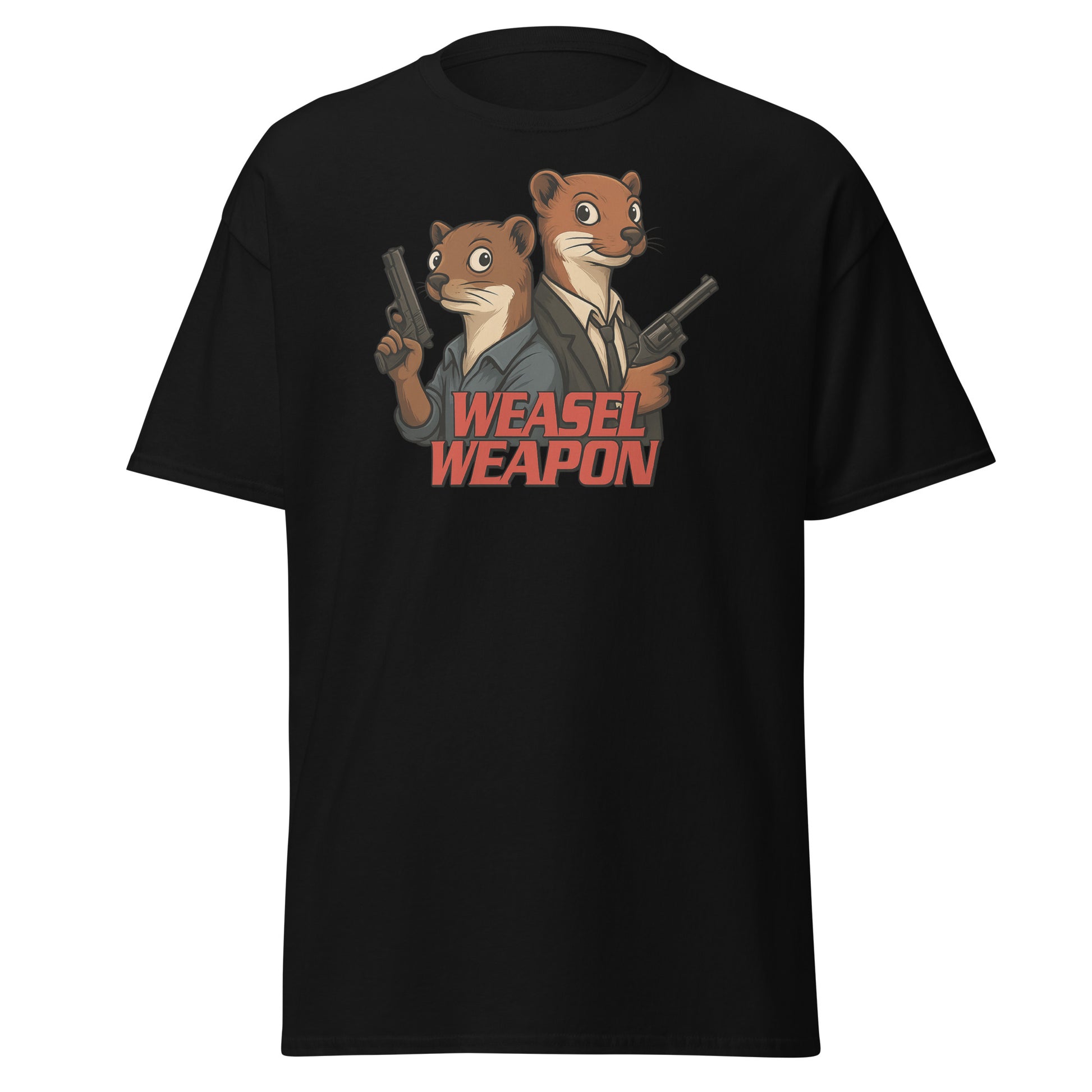 Black t-shirt with cartoon weasels holding guns and 'WEASEL WEAPON' text on a white background