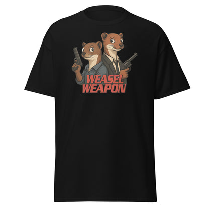 Black t-shirt with cartoon weasels holding guns and 'WEASEL WEAPON' text on a white background