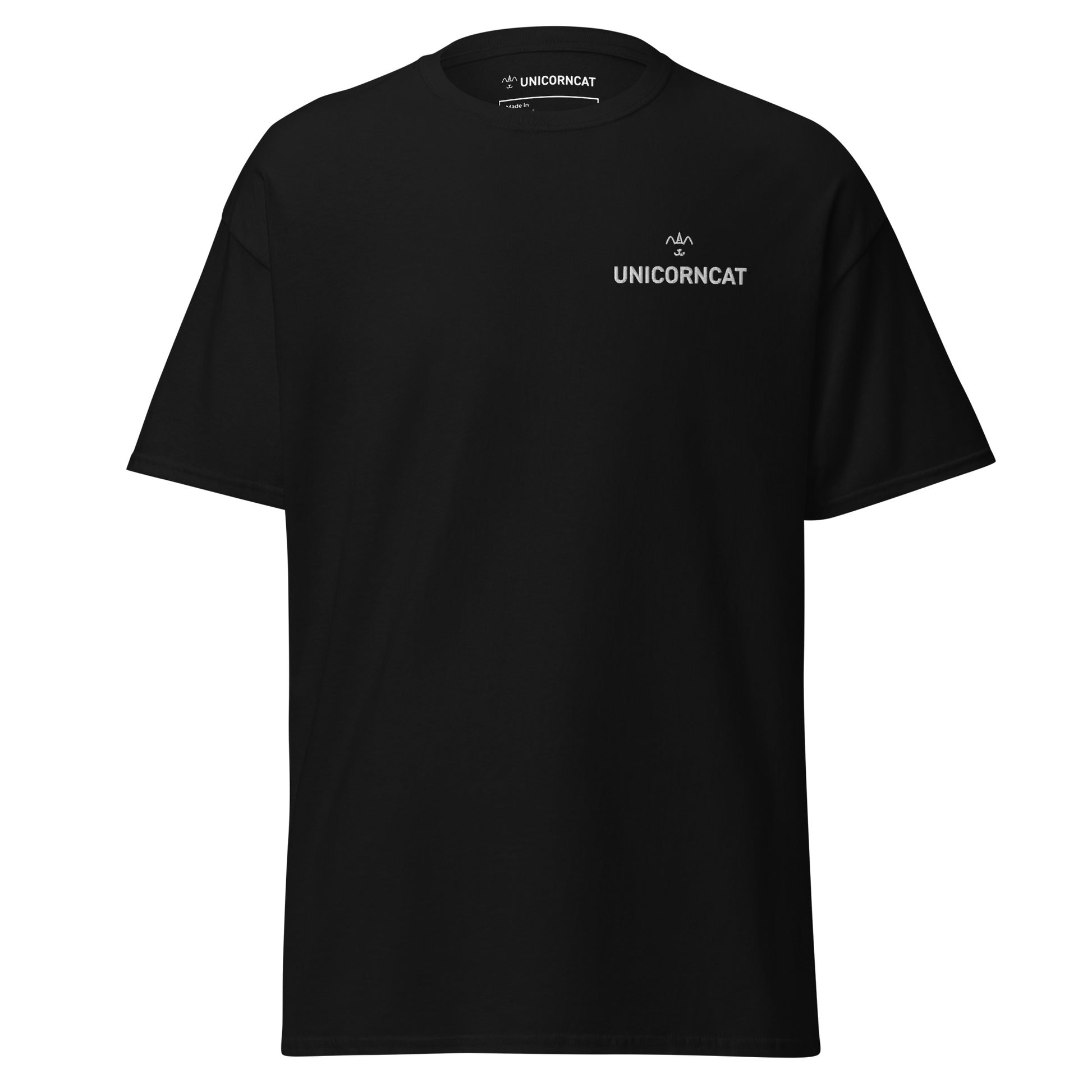 Black t-shirt with 'UNICORNCAT' logo on a white background