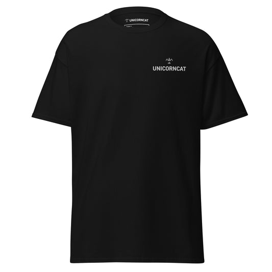 Black t-shirt with 'UNICORNCAT' logo on a white background