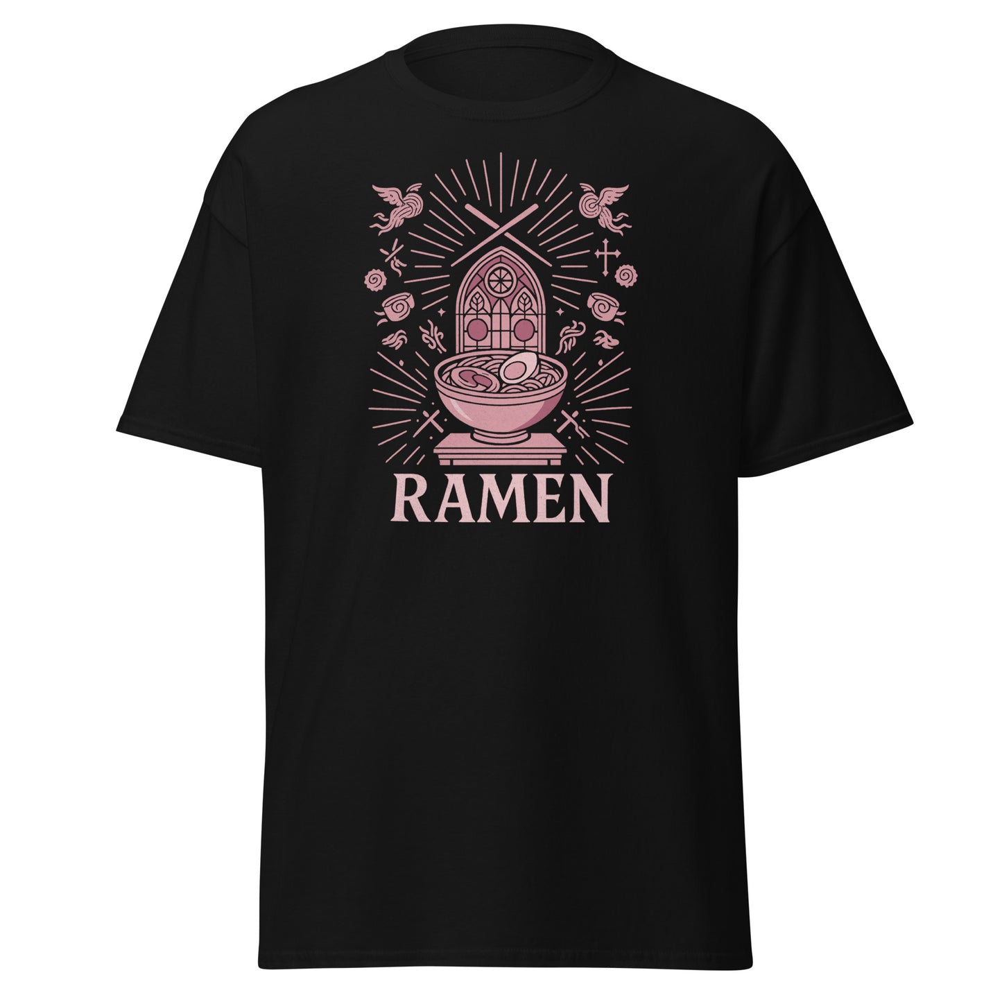 Black t-shirt with pink ramen graphic and 'RAMEN' text on a white background
