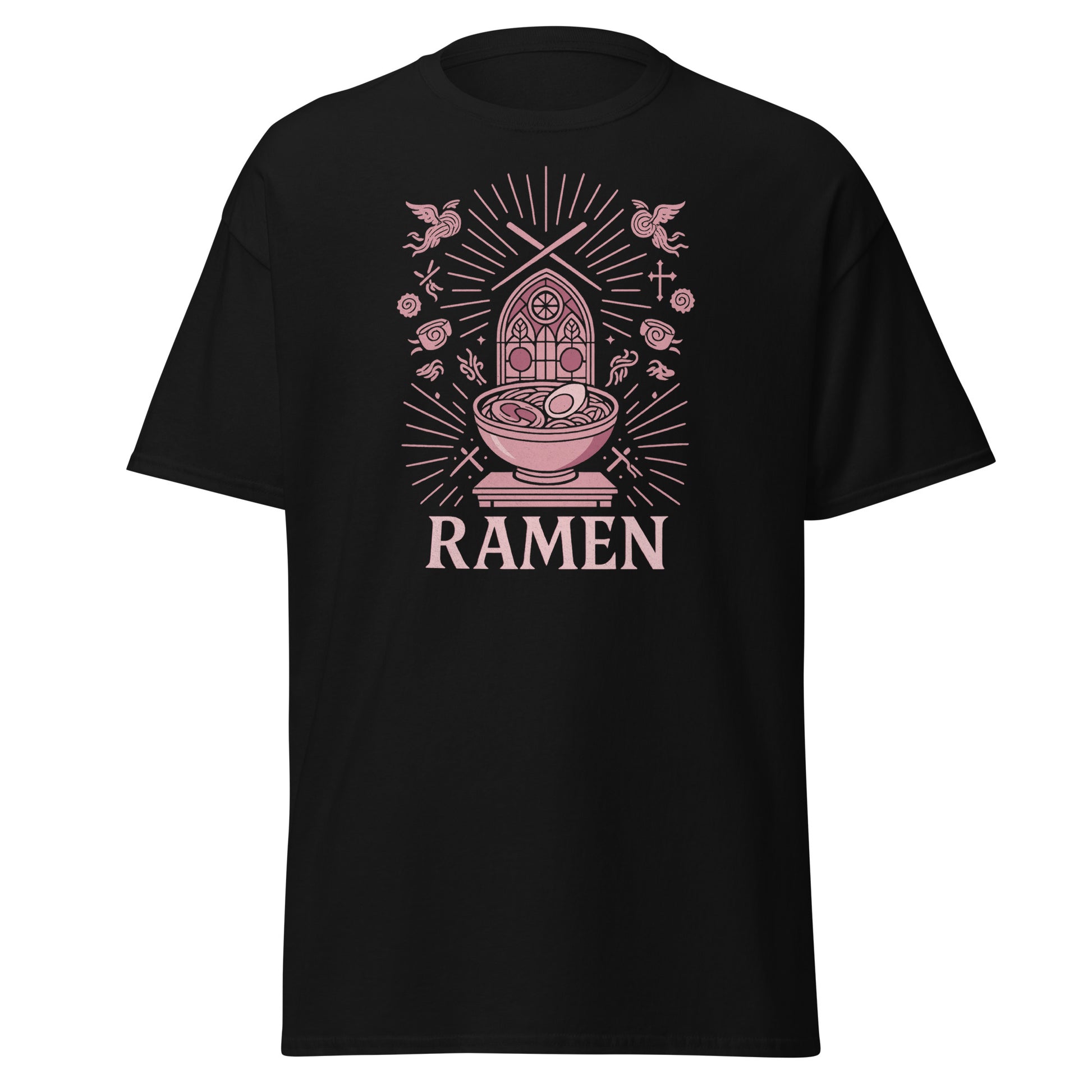 Black t-shirt with pink ramen graphic and 'RAMEN' text on a white background