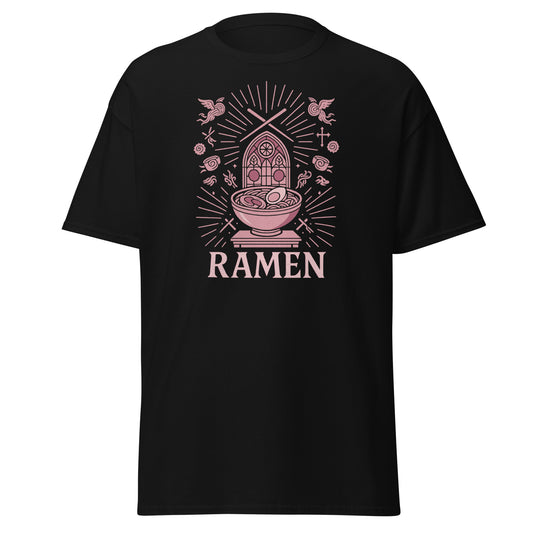 Black t-shirt with pink ramen graphic and 'RAMEN' text on a white background