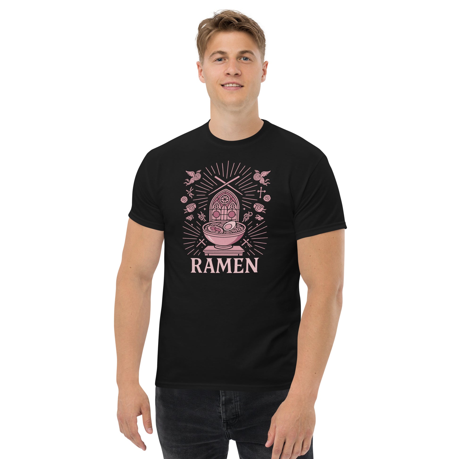 Person wearing a black t-shirt with 'Ramen' graphic design on a white background
