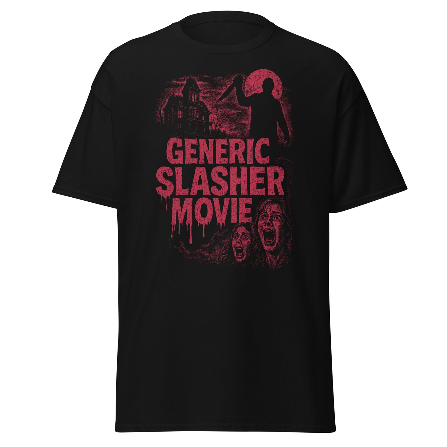 black shirt with red horror theme and text "GENERIC SLASHER MOVIE"