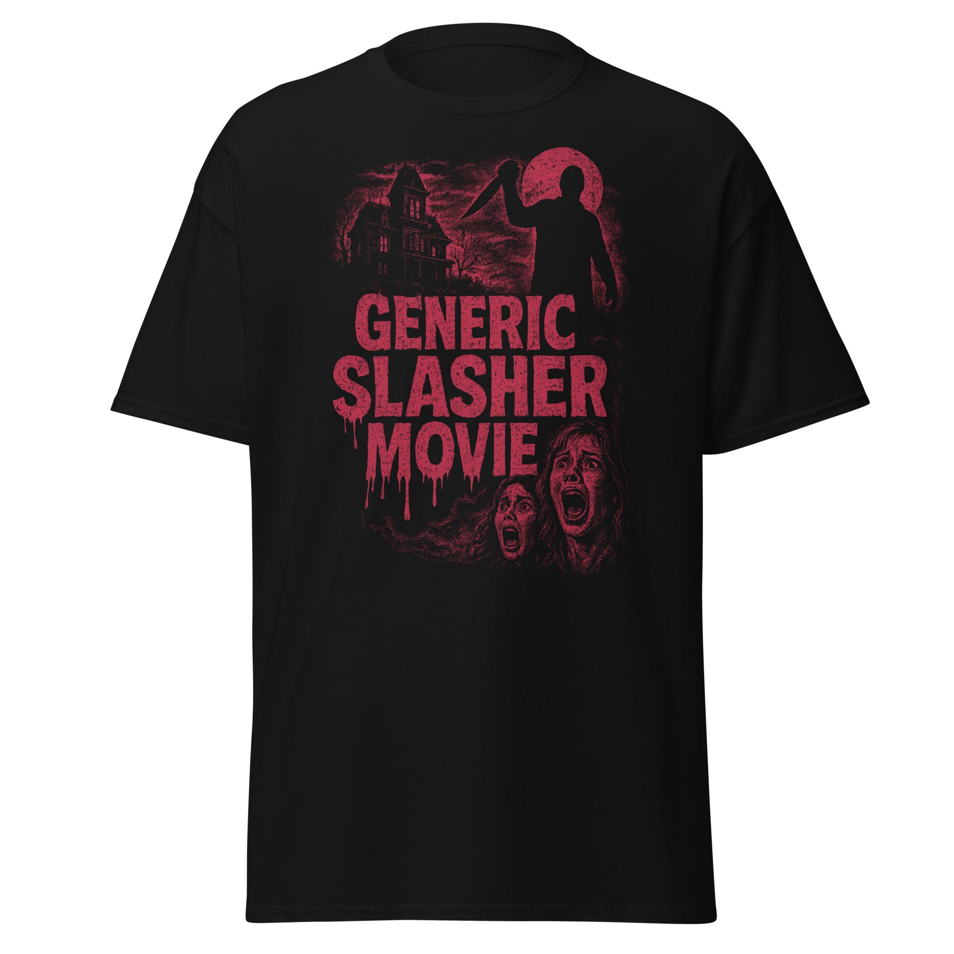 black shirt with red horror theme and text "GENERIC SLASHER MOVIE"