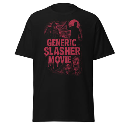 black shirt with red horror theme and text "GENERIC SLASHER MOVIE"