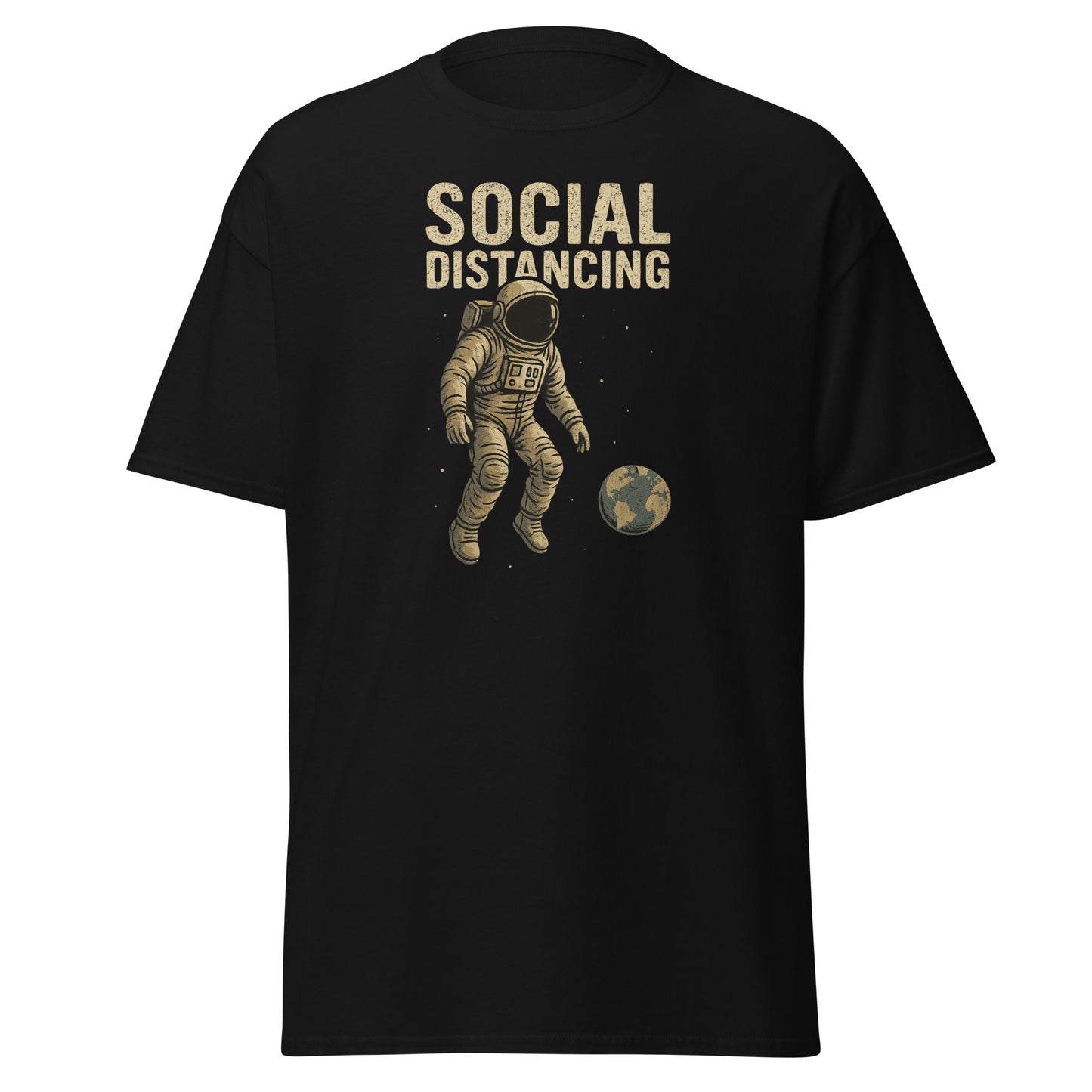 Black t-shirt with an astronaut graphic and 'SOCIAL DISTANCING' text on a white background