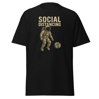 Black t-shirt with an astronaut graphic and 'SOCIAL DISTANCING' text on a white background