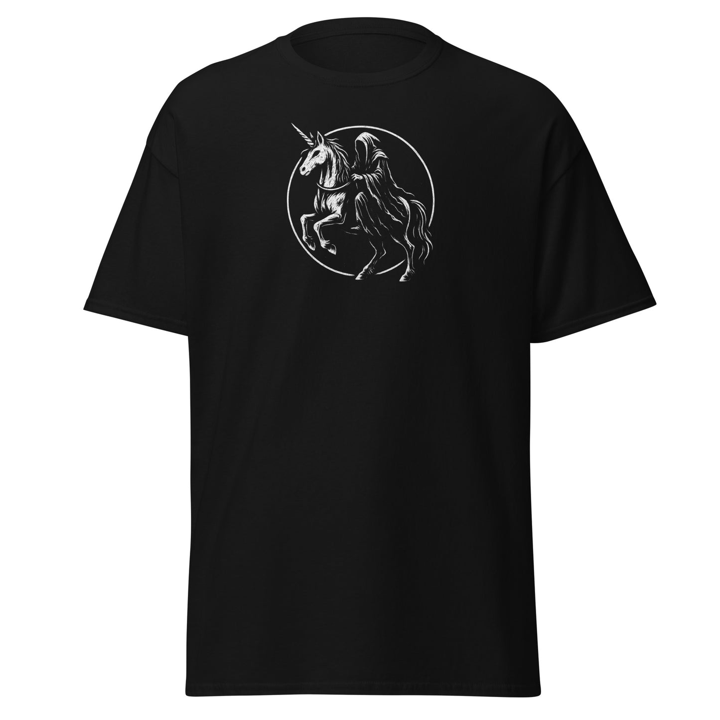 Black t-shirt with a graphic of a unicorn and a horse in a circle on a white background