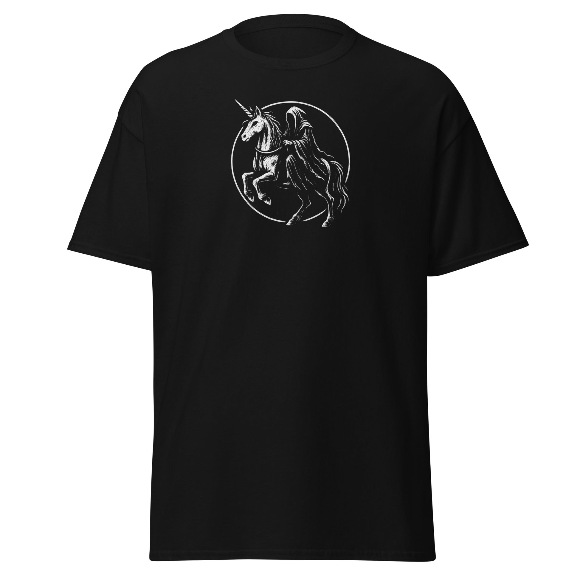 Black t-shirt with a graphic of a unicorn and a horse in a circle on a white background