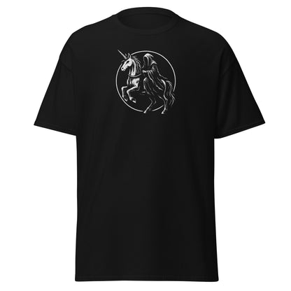 Black t-shirt with a graphic of a unicorn and a horse in a circle on a white background