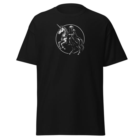 Black t-shirt with a graphic of a unicorn and a horse in a circle on a white background