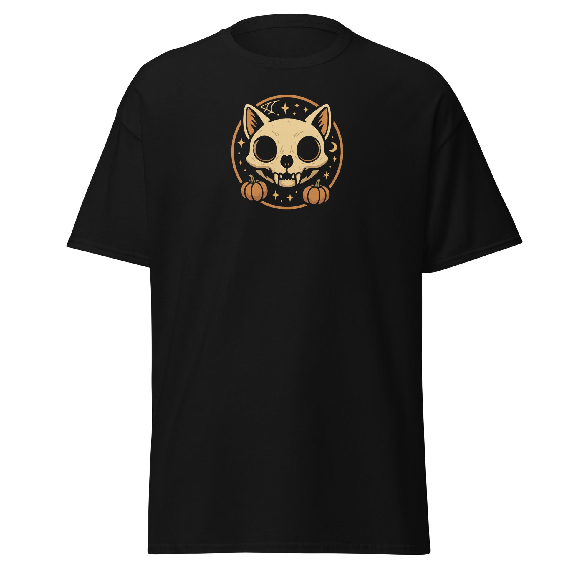 Black t-shirt with a cat skull graphic on a white background