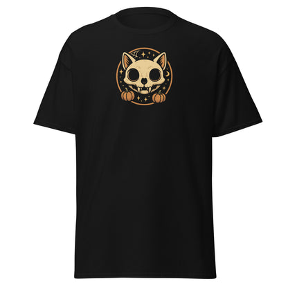 Black t-shirt with a cat skull graphic on a white background