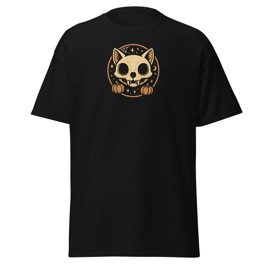 Black t-shirt with a cat skull graphic on a white background