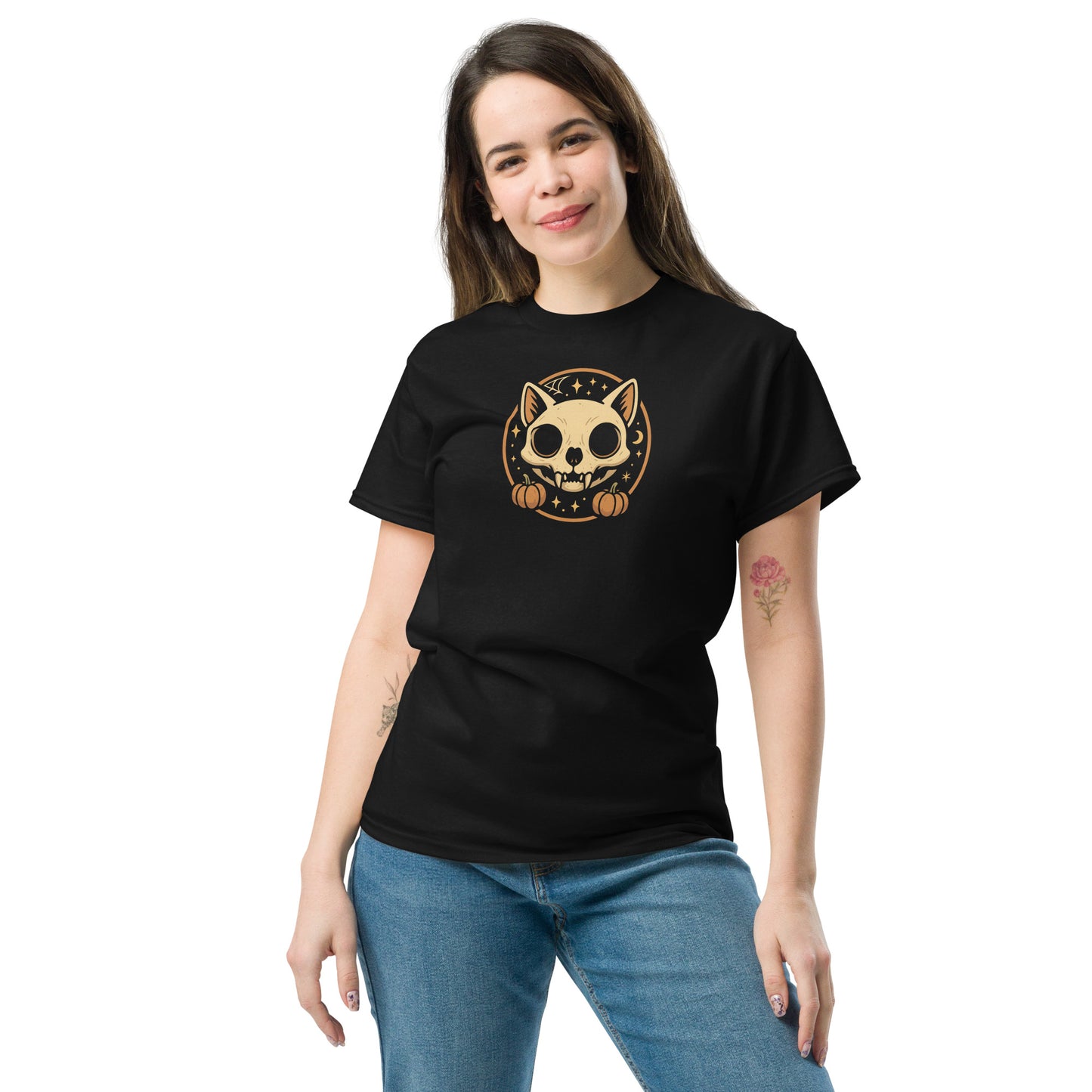 Woman wearing a black t-shirt with a cat skull design on a white background