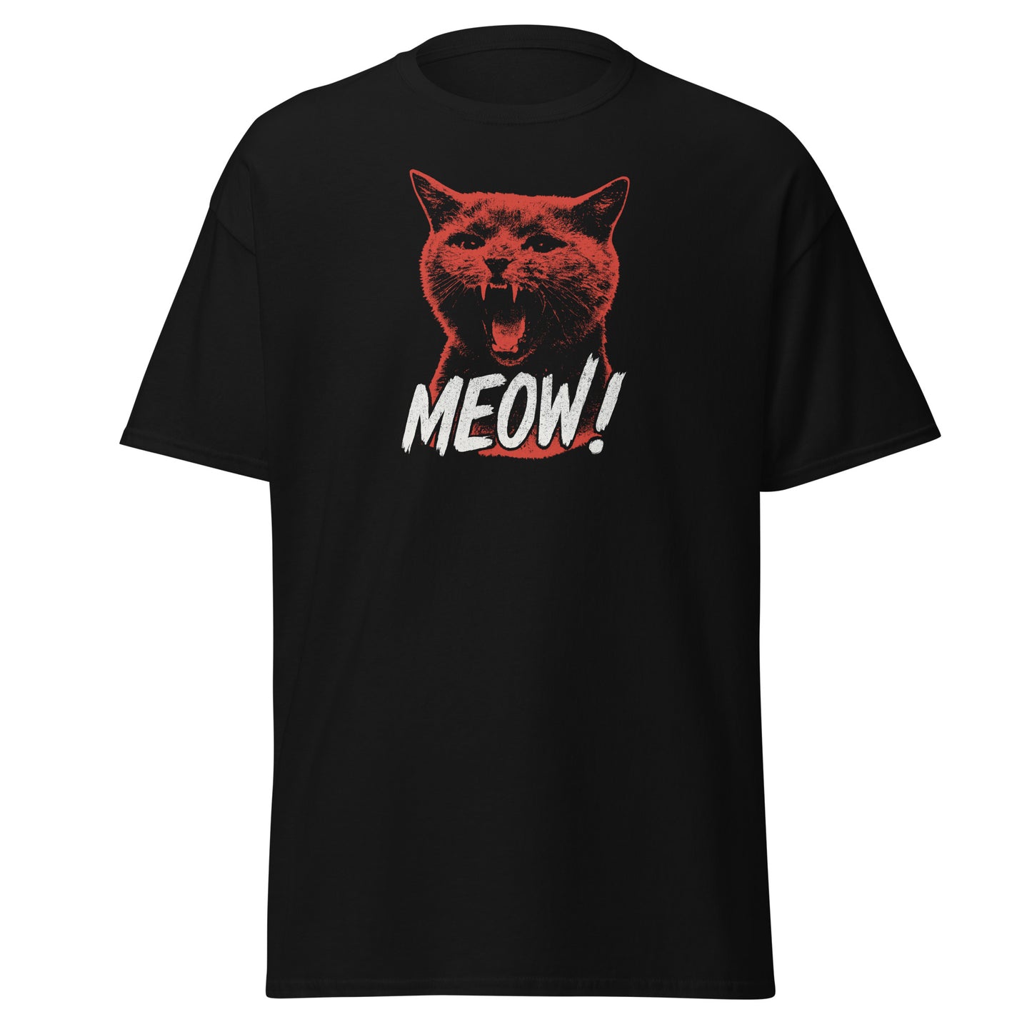 Black t-shirt with a red cat graphic and 'MEOW!' text on a white background