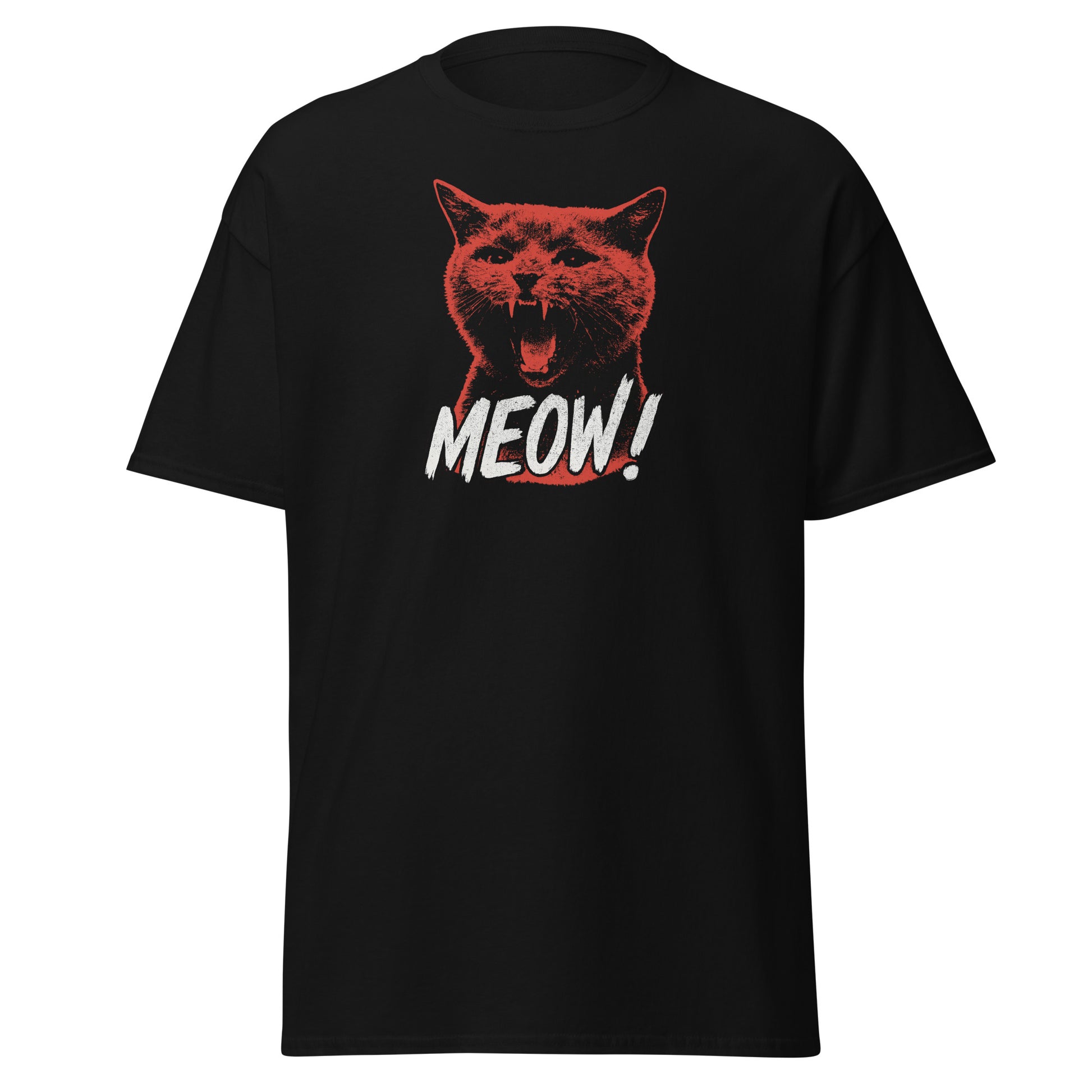 Black t-shirt with a red cat graphic and 'MEOW!' text on a white background