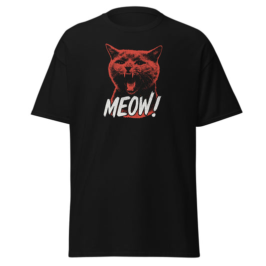 Black t-shirt with a red cat graphic and 'MEOW!' text on a white background